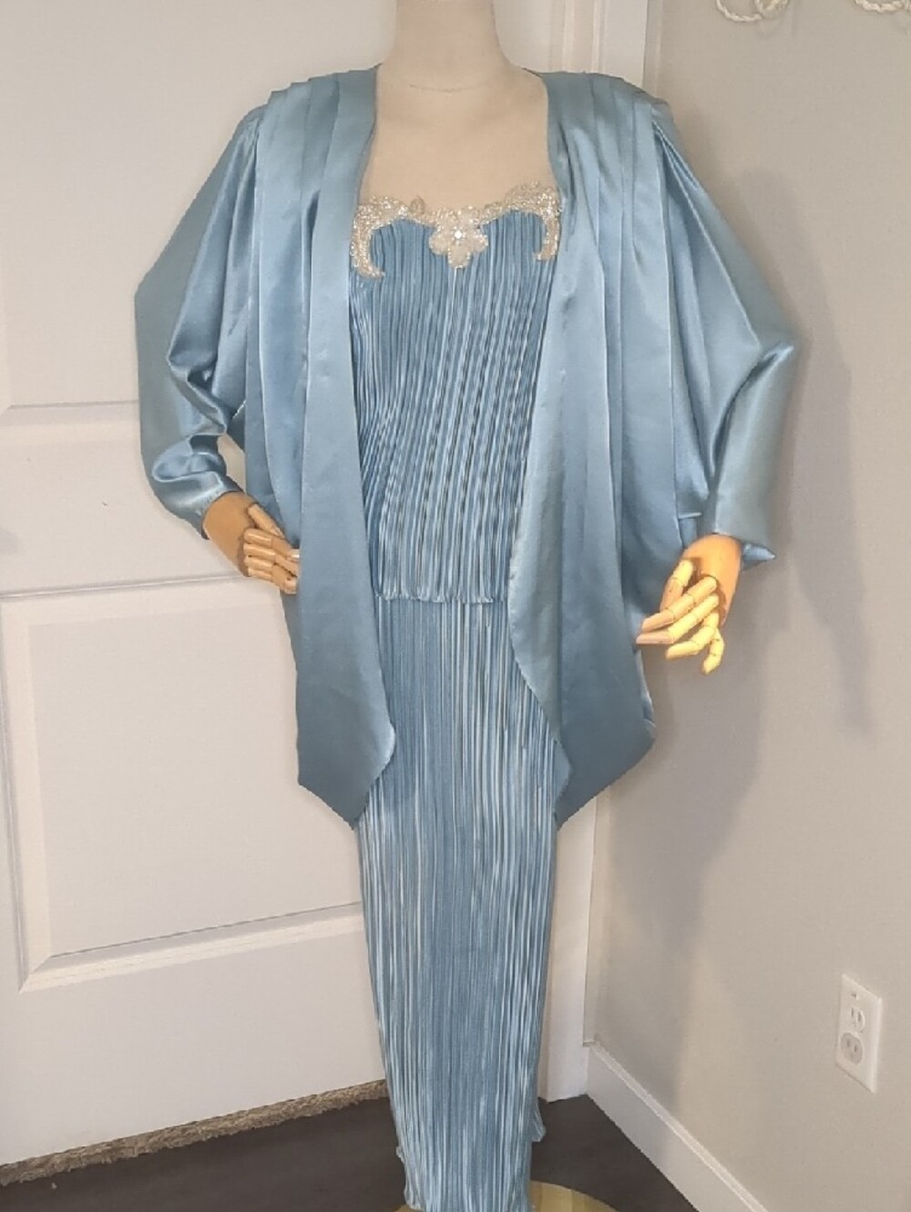 Vintage Light Blue Beaded Formal Dress & Jacket 80s Art Deco Sz M